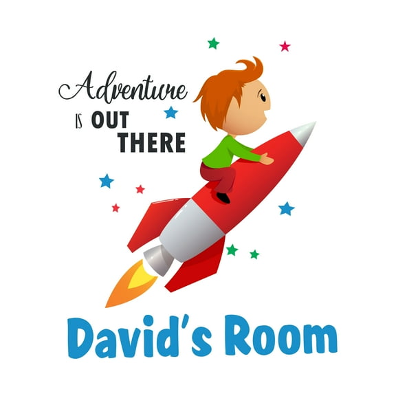 Personalized Name Cartoon Wall Decal Boy Imagine Himself in Space Custom Name Bedroom Wall Decal for boys and girls Rocket Adventure is out there Themed Kids Room Décor - Size: 18 In x 20 In