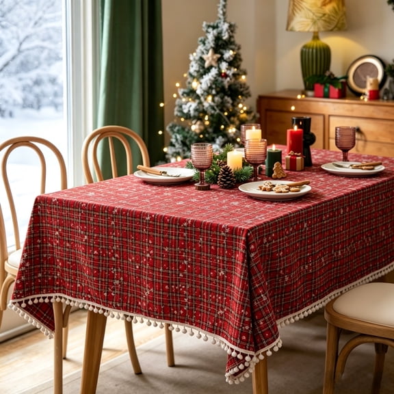 Christmas Tablecloth, Yamaziot 55"x87" Rectangle Table Cloths, Washable Fabric Table Cover with Tassels, Red Checkered Xmas Decorations Indoor