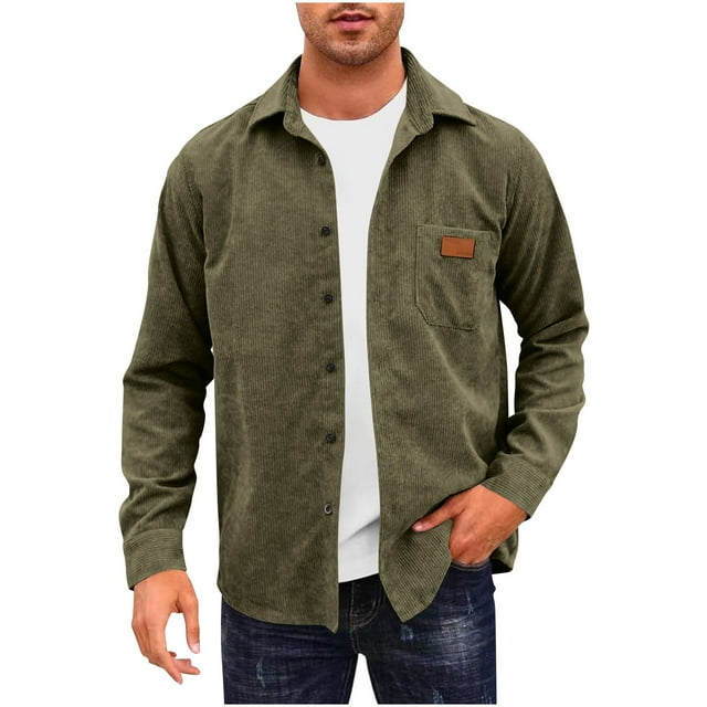 KIHOUT Men's Corduroy Button Down Shirts Casual Long Sleeve Solid Color Shacket Jacket with Breat Pockets