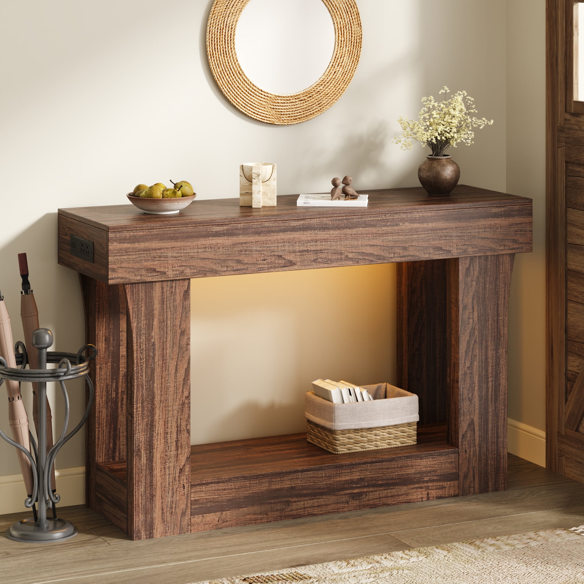 IDEALSOUL 47" Wooden Console Table, Long Sofa Table with with lighting & outlets, Entryway Table for Living Room, Hallway