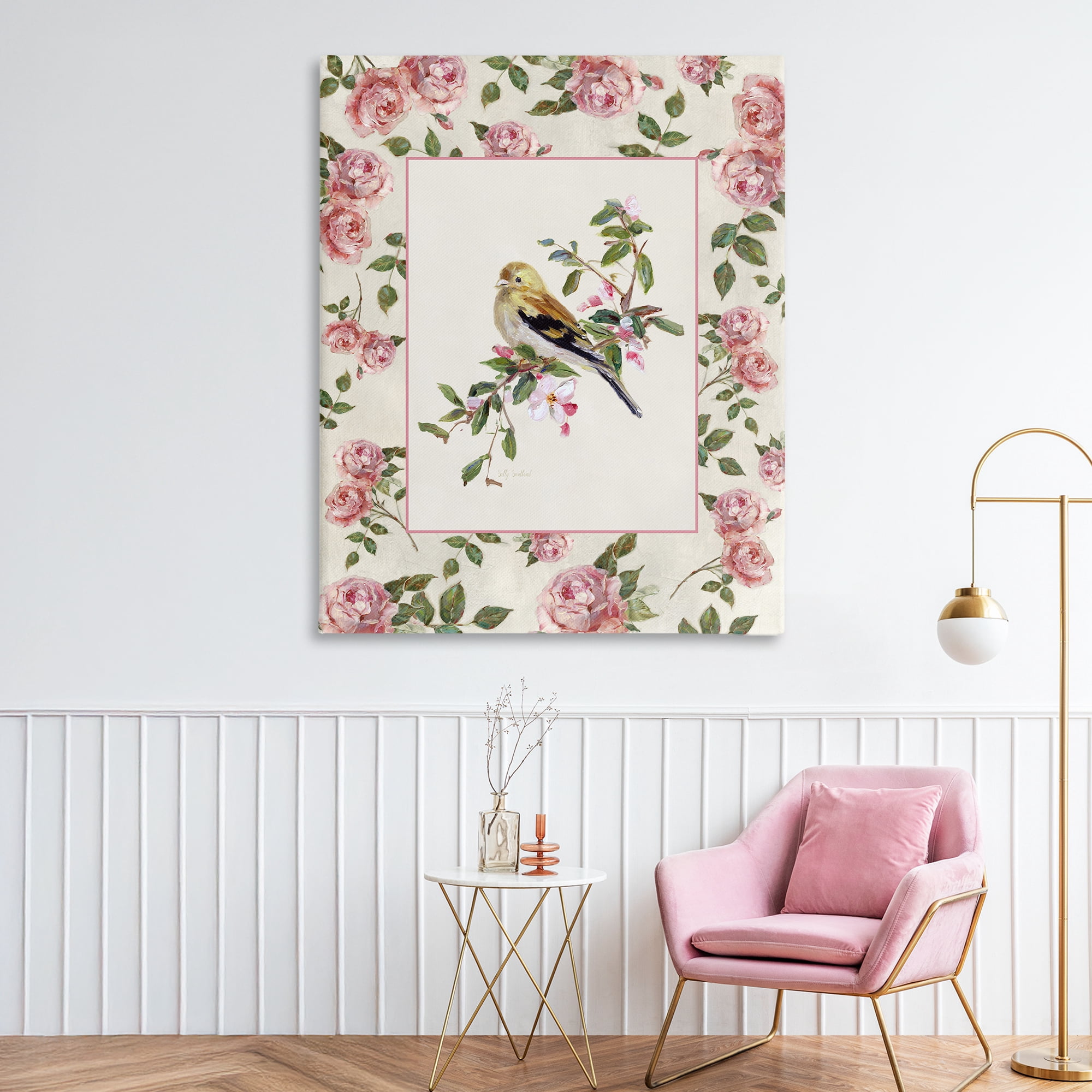 Stupell Industries Perched Bird with Dainty Roses Canvas Wall Art, design by Sally Swatland