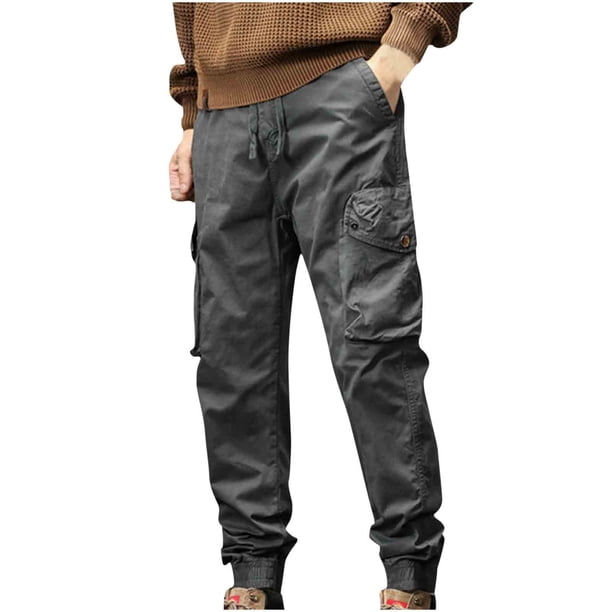 Puntoco Pantalones cargo de color sólido con bolsillos y cremallera, cintura elástica y largo completo para hombre