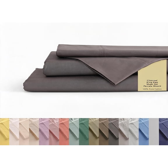 100% Cotton Percale Sheets King Size Charcoal Deep Pocket 4-Piece Set