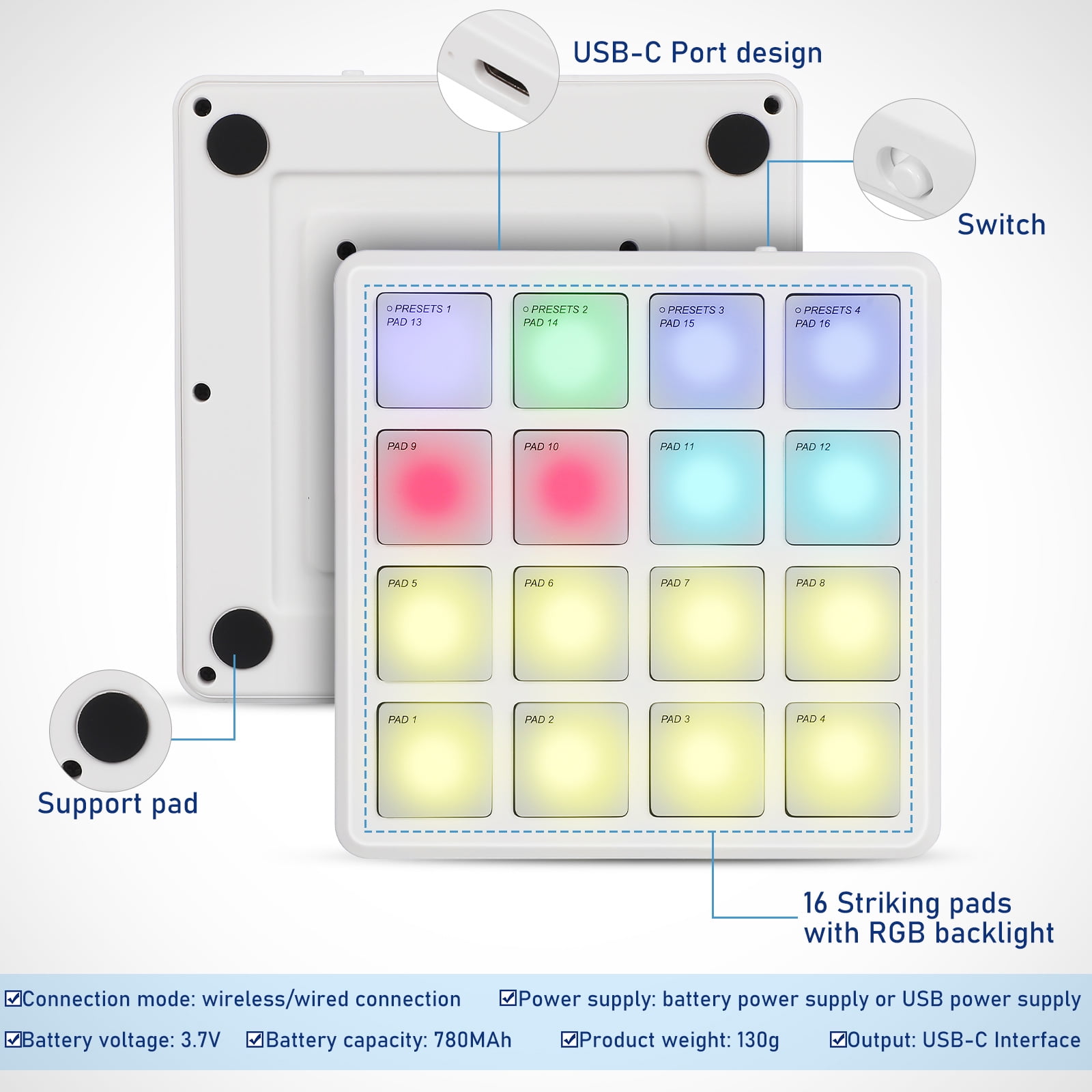 Supvox Portable Beat Maker Pad Dj Equipment Compact Midi Controller White ABS for Musician Use