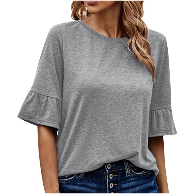 IROINNID Chemises Grande Taille Réduites pour Femmes Chemises en Coton pour Femmes Quotidiennes Été Manches Trois-Quarts Blouse Col Rond Hauts Unis T-Shirt, Gris