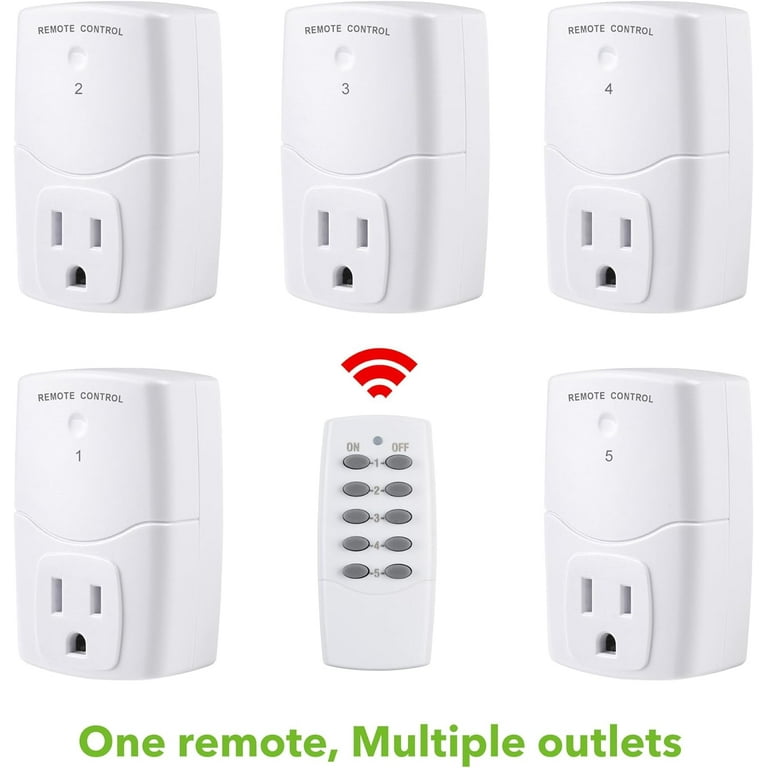 BN-LINK Wireless Remote Control Outlet Switch for Household Appliances, Wireless  Remote Light Switch, LED Light Bulbs, White (2 Remotes + 5 Outlets)  1250W/10A 