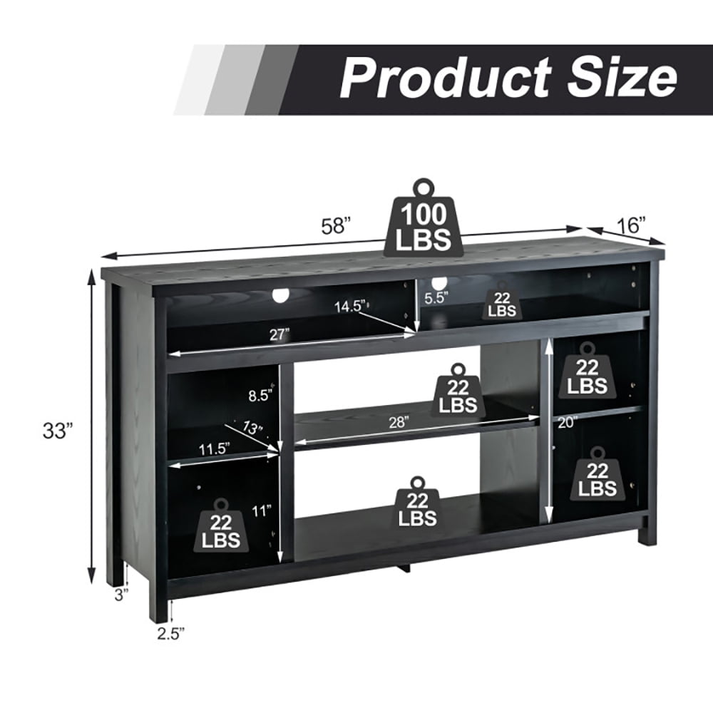 Finihen TV Stand, TV Cabinet, 58 Inch TV Stand Entertainment Console Center with Adjustable Open Shelves, Media Entertainment Center with Storage, for Living Room, Bedroom, Black