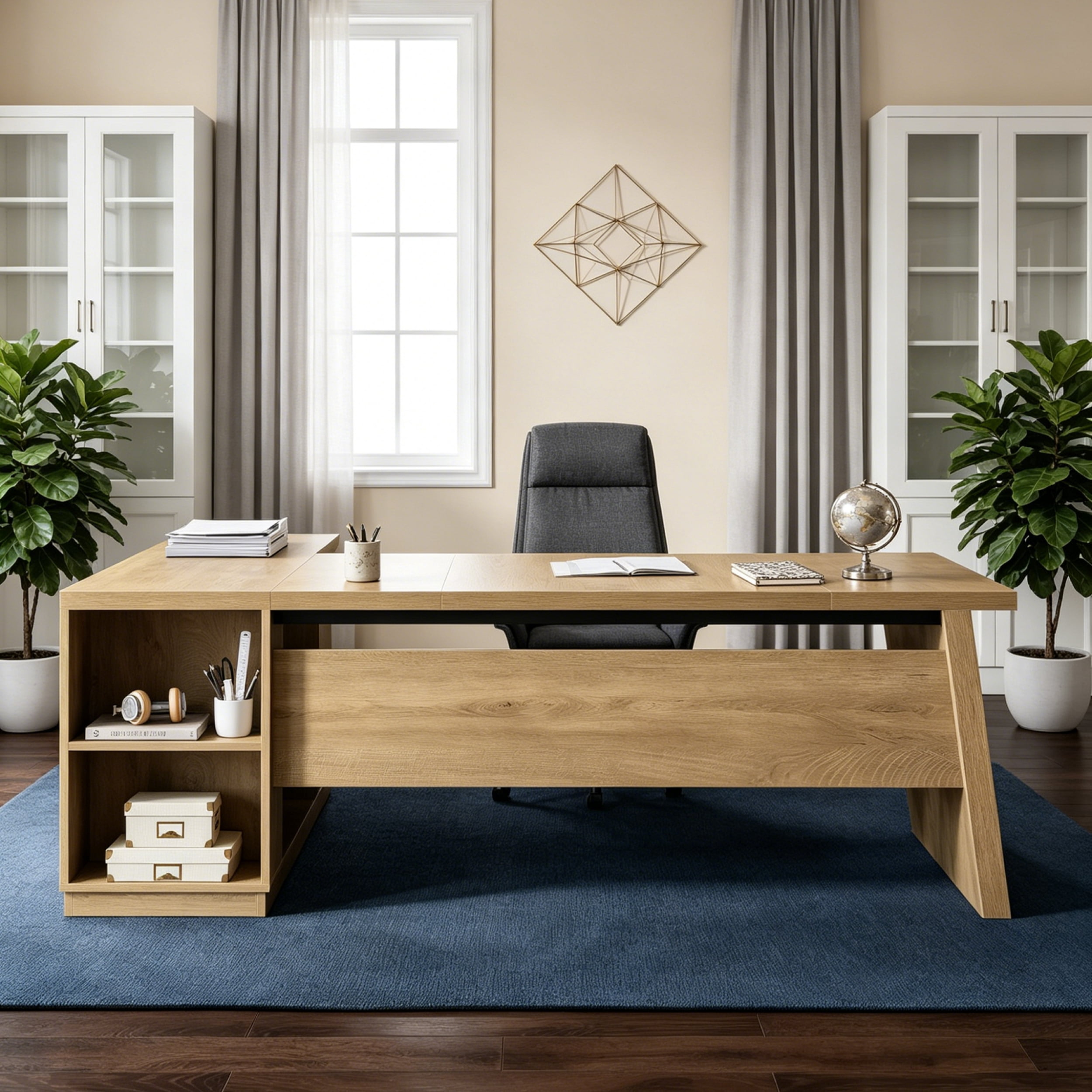 Fnova 77" Large L-Shaped Executive Office Desk with File Drawers and Storage Shelves, Modern Computer Desk Writing Desk for Home Office
