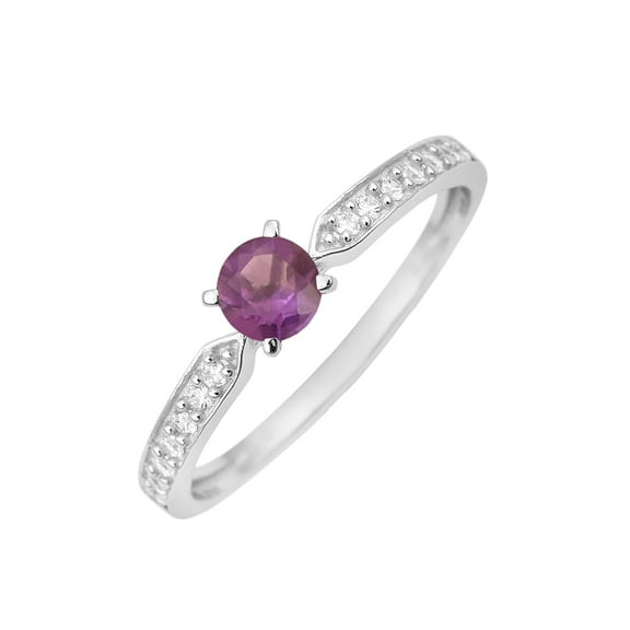 Round Natural Amethyst And White Zircon 925 Sterling Silver Solitaire Woman Ring-0.65 ctw Gemstone