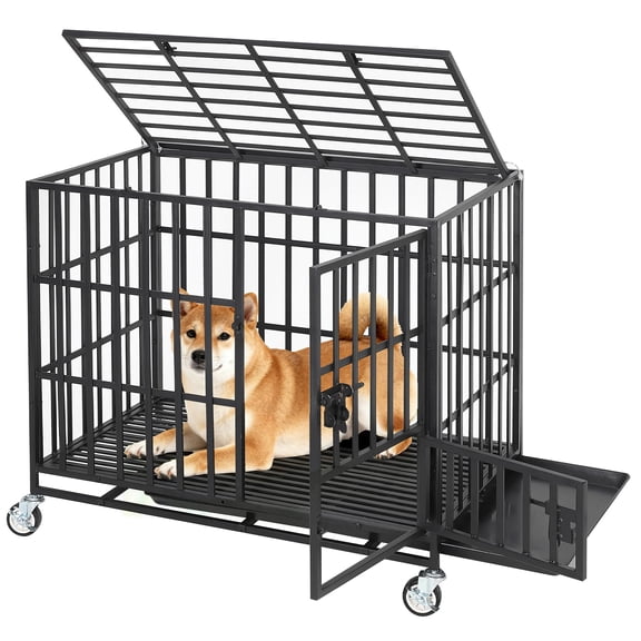 36 Inch Heavy Duty Dog Crate, Metal Escape Proof Dog Kennel Indoor with 3 Doors, Removable Tray, Large Dog Cage with Wheels for Large and Medium Dogs