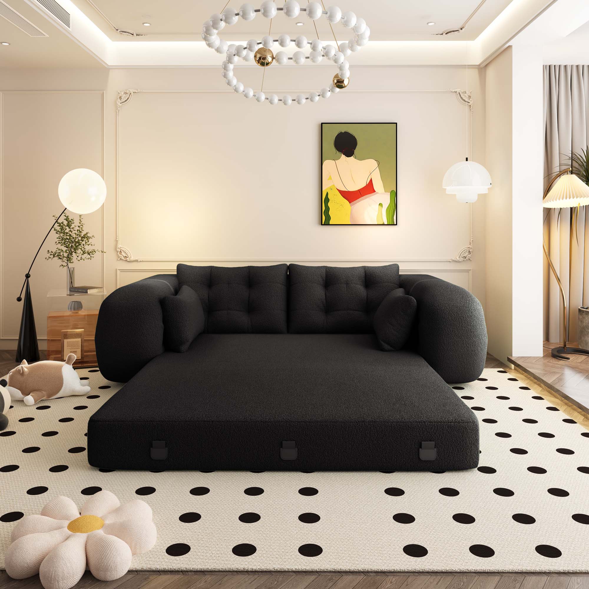Miniyam 79" Foldable Sofa Bed for Living Room, Black Lazy Sofa Couch with Pillows, 3-in-1 Teddy Fabric Foam-Filled Human Dog Bed for Guest Bed, Playroom Sleeper