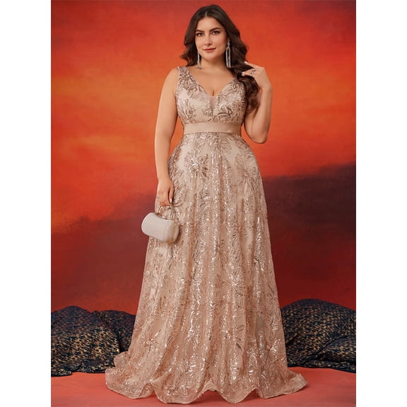 Plus Size Formal Dresses for Women with Embroidery Sequin and V-Neck, A-Line Maxi Dress for Wedding and Cocktail