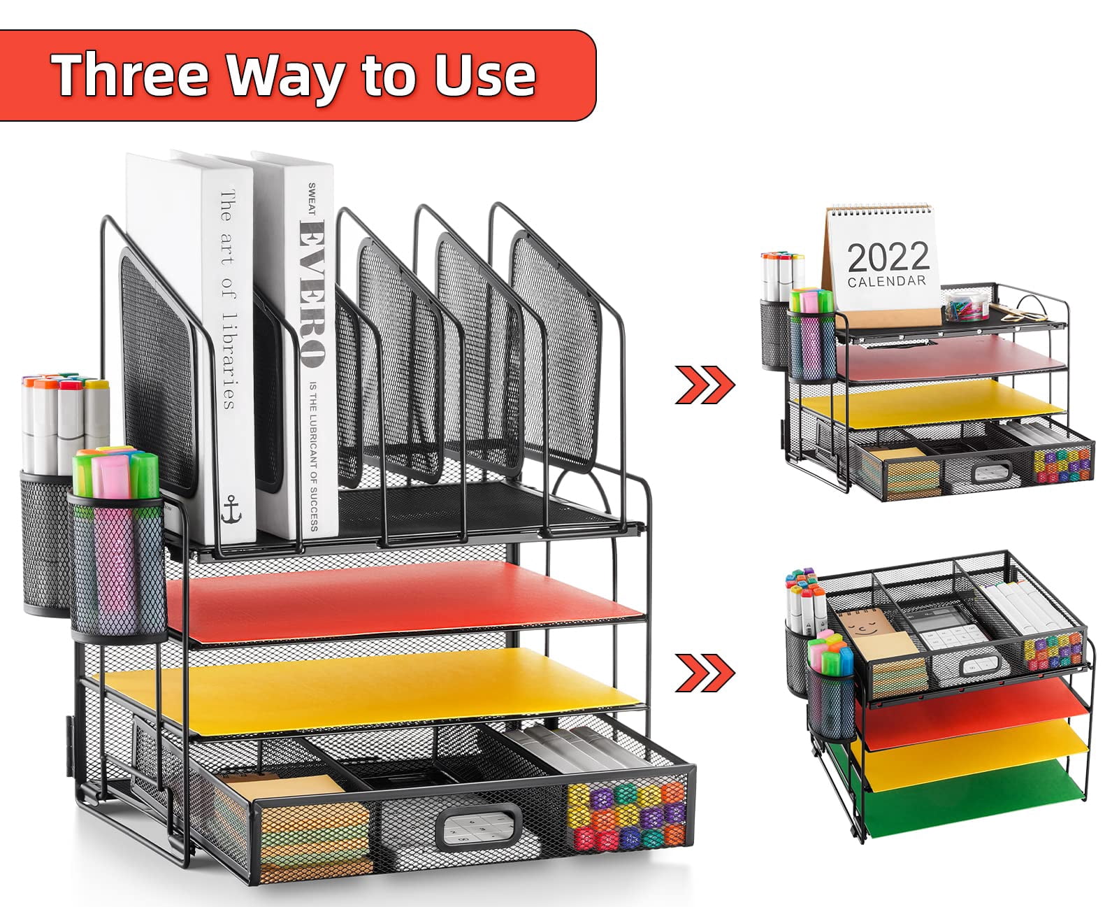 Desk Organizer With Drawer  4-tier Mesh File 5 Vertical Holders And 2 Pen Multifunction Desktop Organizers Accessories For Home Office