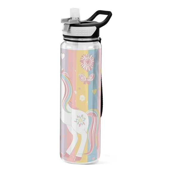Unicorn with Flowers and Hearts Sports Water Bottle Portable Travel Mug 32oz BPA Free Leak Proof Straw Transparent Tritan for Gym Yoga Cycling Camping