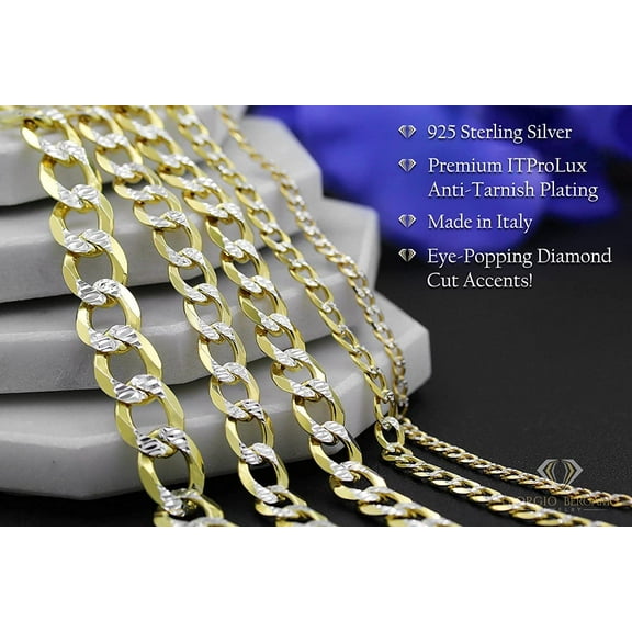 925 Italian Sterling Silver 5mm Solid Cuban Diamond Cut Chain, FREE Microfiber Cloth, ITProLux Yellow Gold Plated Pave Curb Link Mens Womens Necklace, Giorgio Bergamo