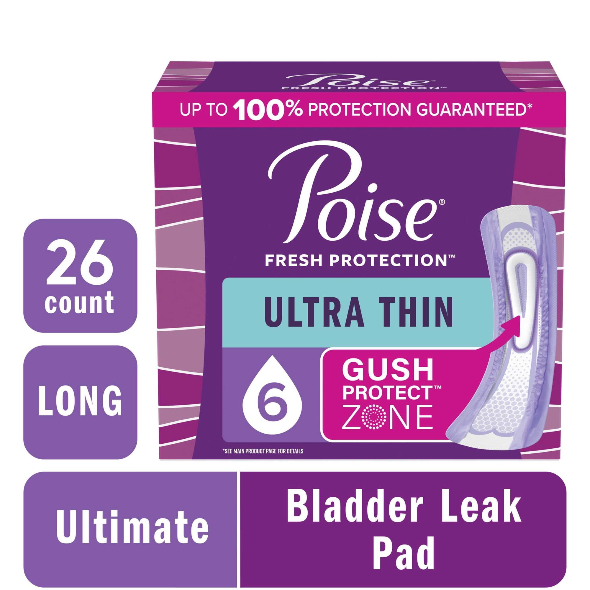 Poise Ultra Thin Incontinence Pads, 6 Drop Ultimate Absorbency, Long Length, 26 Count