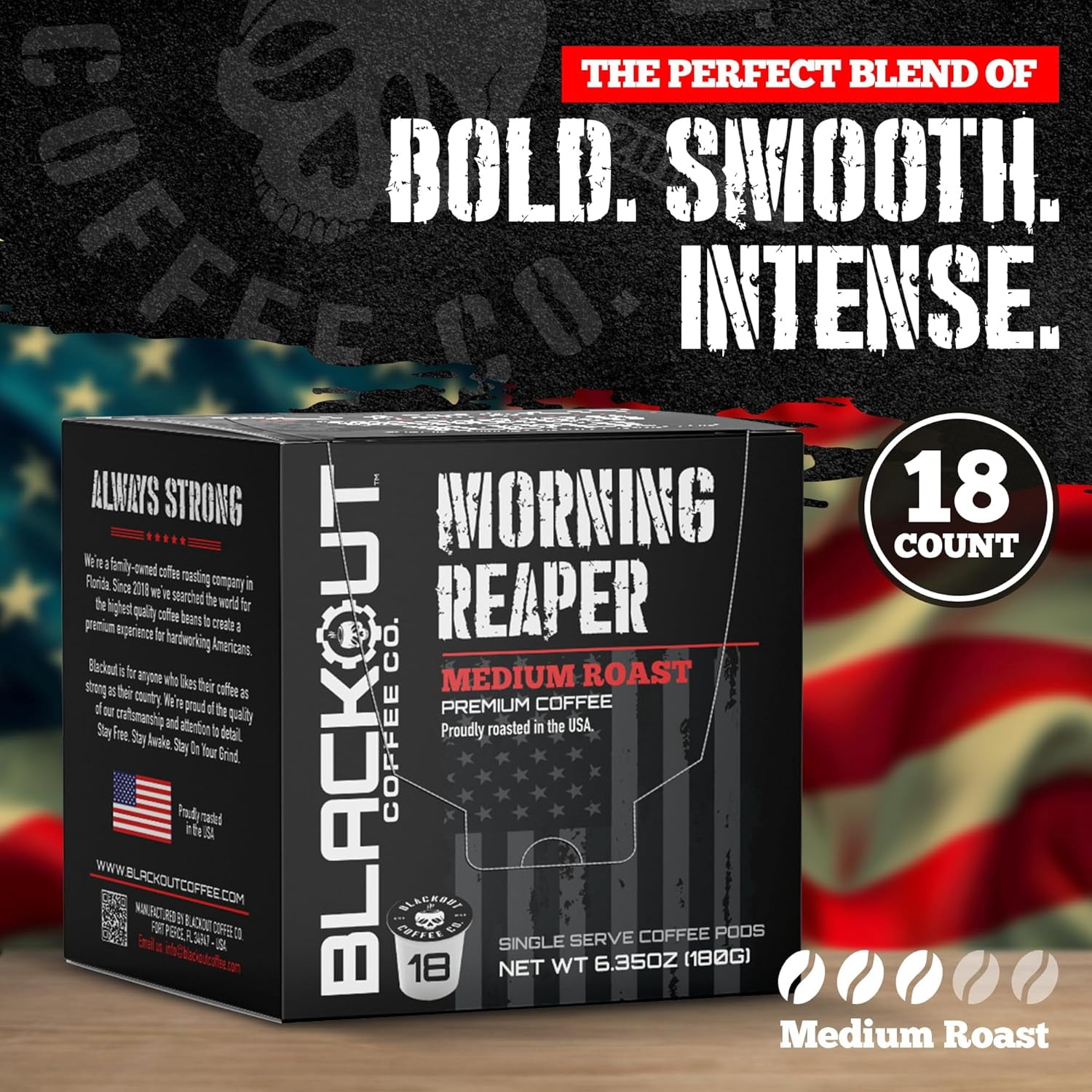 Blackout Coffee Morning Reaper Coffee pods – Medium Roast Coffee Pods, Bold & Smooth Flavor, Aromatic – 18 Count.