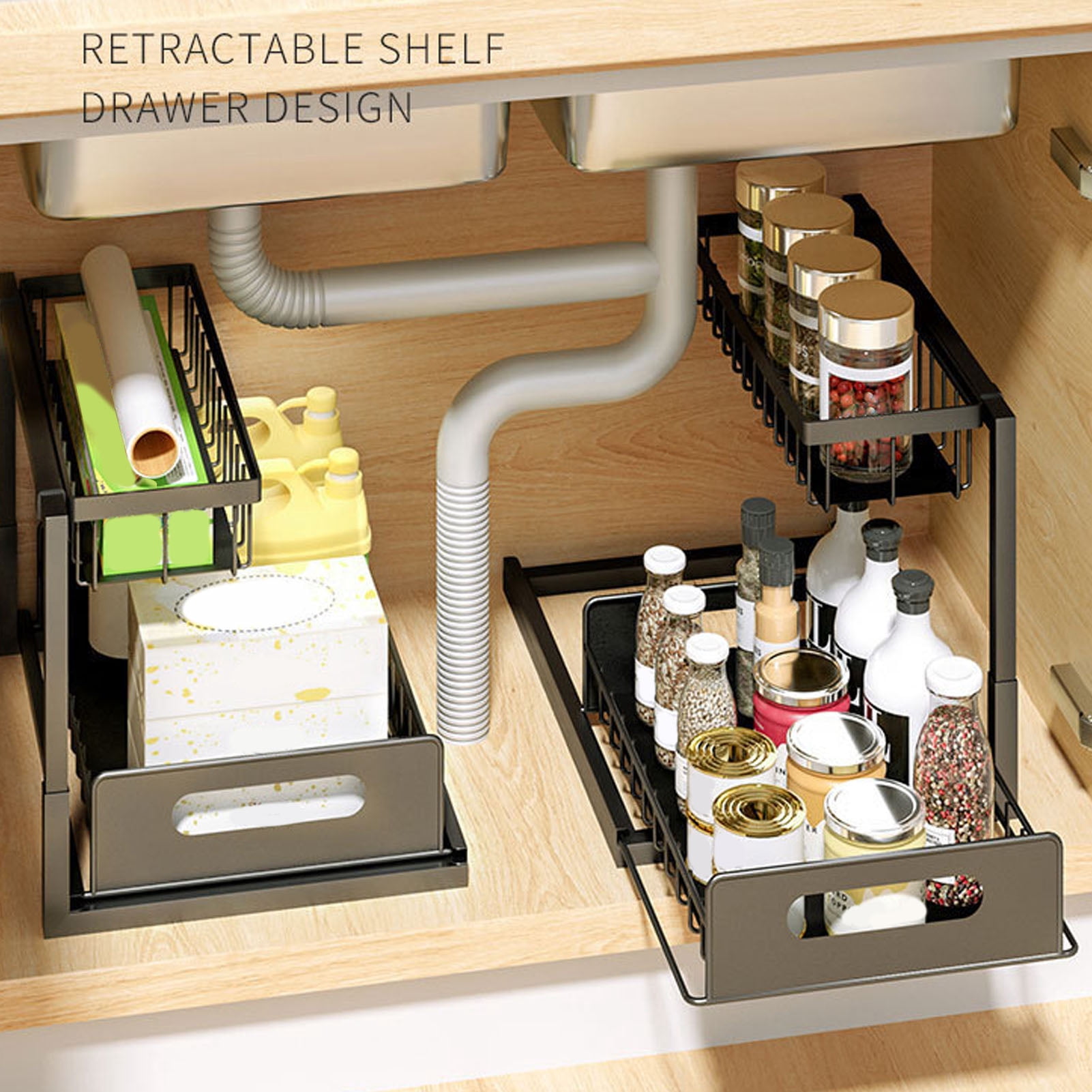 Pull Out Cabinet Organizer, 2 Tier Under Sink Slide Out Storage Shelf Sliding Wire Drawer for Kitchen Bathroom
