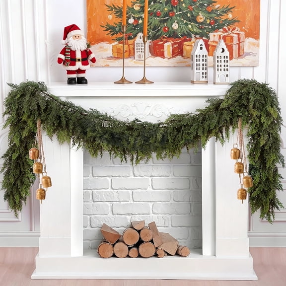 2Pcs 6FT Artificial Cedar Garlands, Real Touch Winter Cedar Pine Garland, Green Artificial Greenery Garland for Table, Mantle, Wall, Indoor, Outdoor Christmas Decorations
