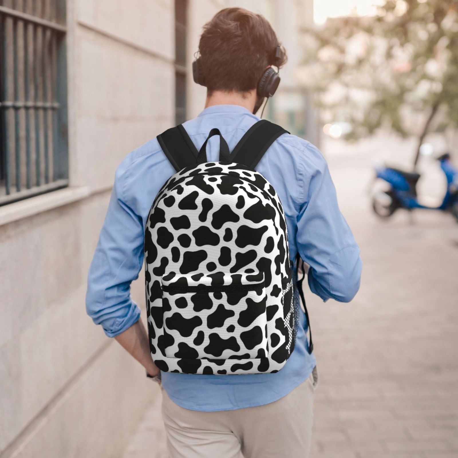 17in Backpack With Pocket Adjustable Shoulder Strap Large Capacity Zipper Opening And Closing Double Pull Head Zipper For Work Travel Sports Black White Cow Print