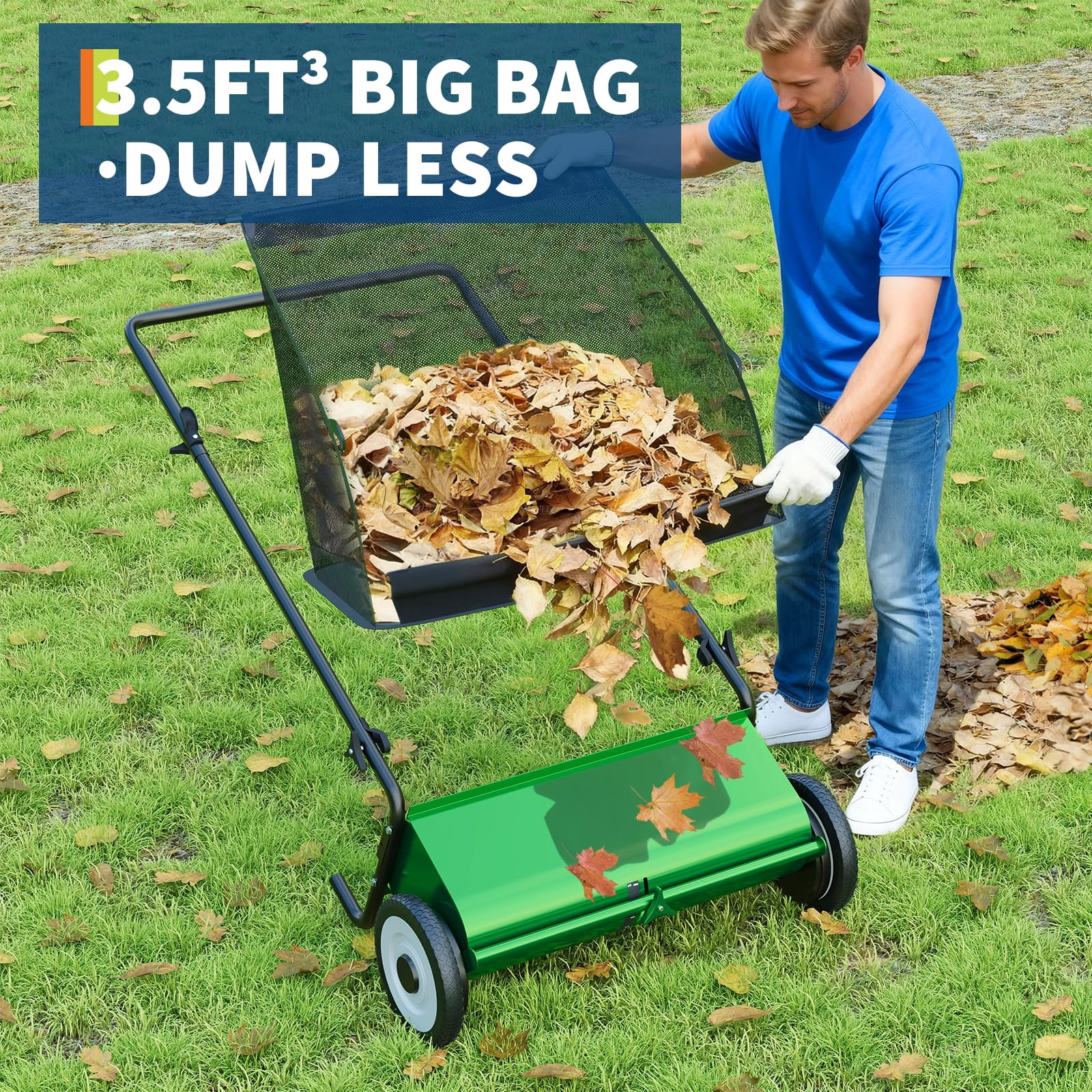 CuisinAid 21-Inch Push Lawn Sweeper,Large 3.5 Cu.Ft Manual Leaf & Debris Collector with Heavy-Duty Steel Frame, Easy-to-Use Pusher for Lawn Care,Green