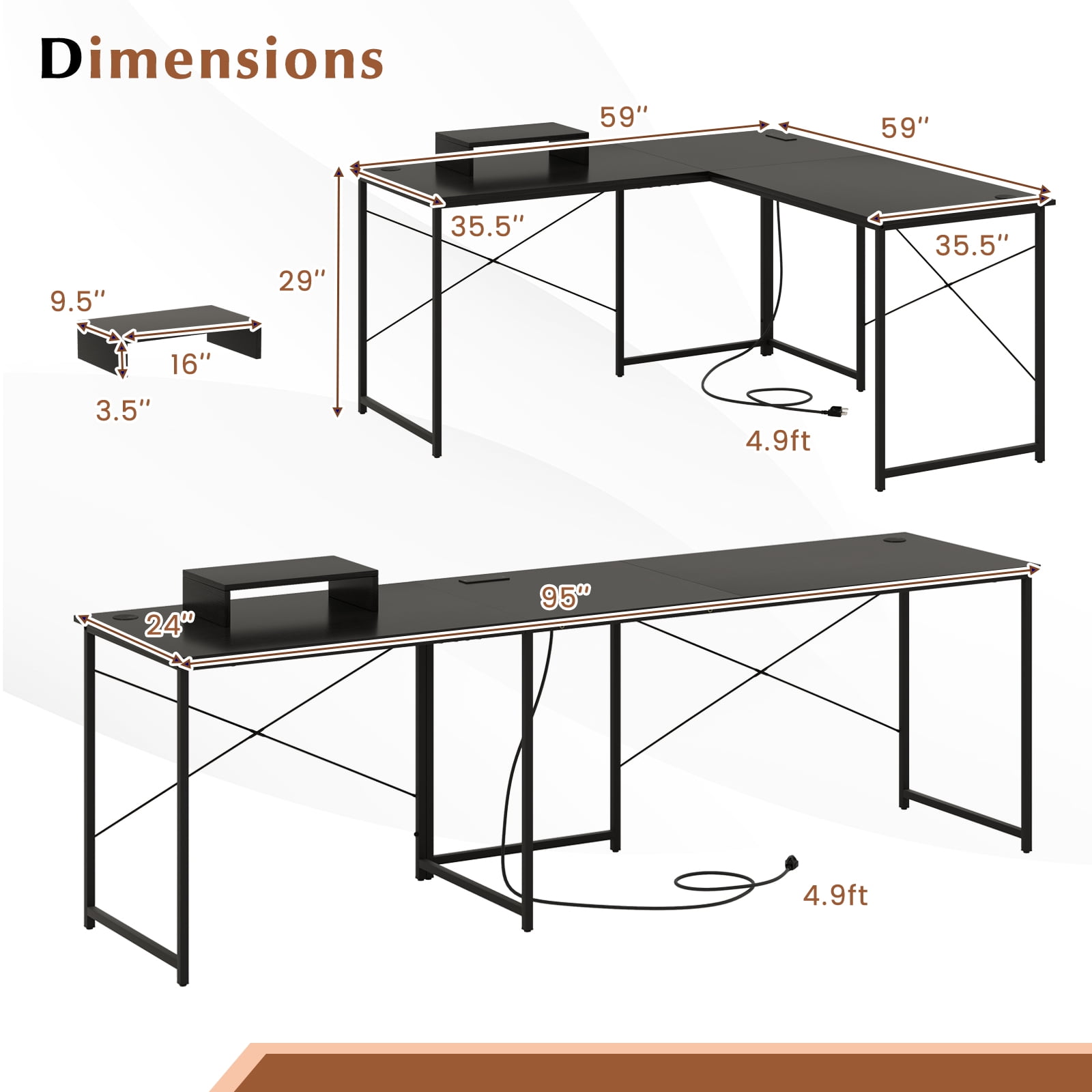 Giantex 95 Inch Reversible Corner Desk, L-Shaped Computer Desk w/Monitor Stand & 3 Cable Holes, 2-Person Long Study Writing Desk for ome Office, Black