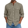 thumbnail image 2 of Cotton Blend Men Short Sleeve /Long Sleeve Button Down Shirts Solid Color Henley Collar Tshirt With Pockets, 2 of 6