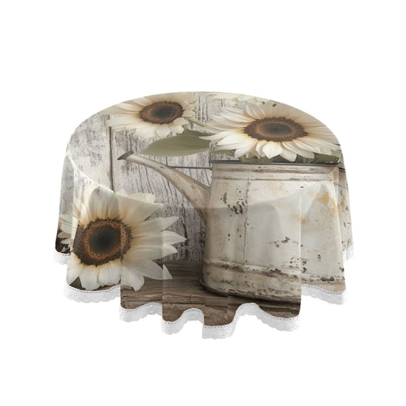 Qxltty Wooden White Sunflower Round Tablecloth 60 Inch Dia Washable Table Cover with Dust-Proof Wrinkle Resistant for Restaurant Picnic Indoor and Outdoor Dining
