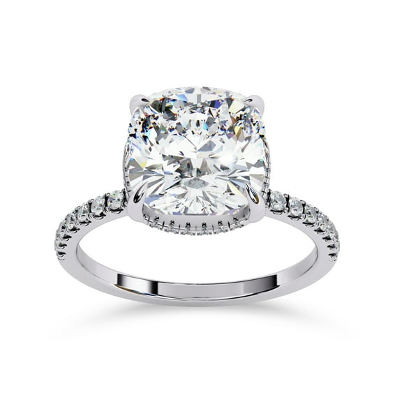 AFFY Hidden Halo Solitaire Engagement Ring for Women, 3.50 Carat (ctw) Cushion and Round Cut Lab Grown Diamond Ring In 14K White Gold Over Sterling Silver F-G-H, SI Quality Ring Size-4