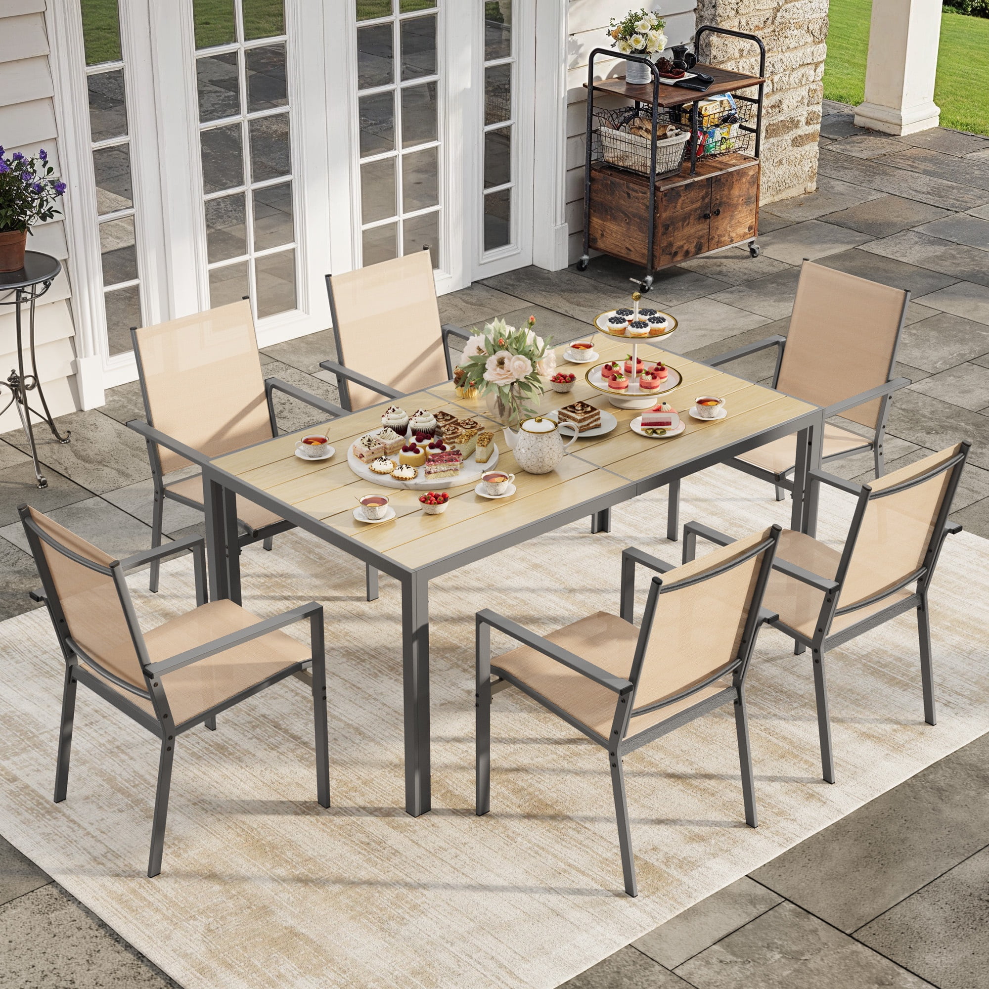 Noelse 7 Piece Patio Dining Set, Outdoor  Patio Table and Chairs with Umbrella Hole, 6 Stackable Textilene Chairs for Backyard, Brown