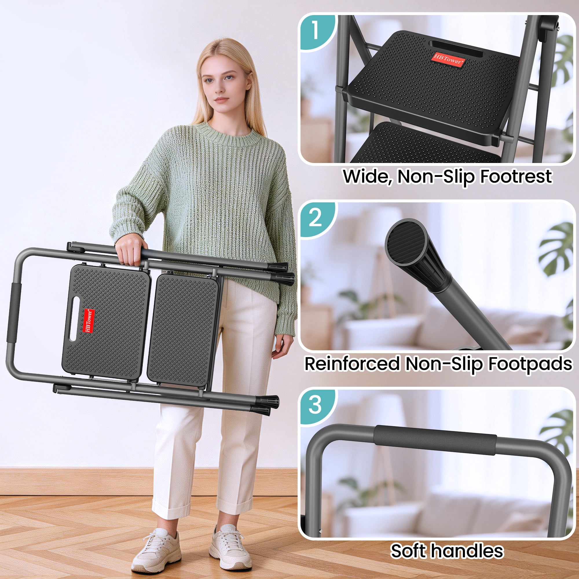 HBTower 2 Step Ladder, 330 lbs Heavy Duty Folding Step Stool, Lightweight, Portable Step Stool with Wide and Non-Slip Pedal and Convenient Handrail, for Kitchen, Garage, Outdoor Use, Gray