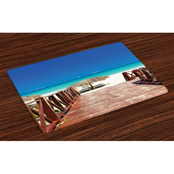 Beach Placemats Set of 4 Walkway Heads to Sandy Beach Resort in Cuba Summer Day Hot Burnt Ocean