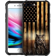 Case Compatible with iPhone 8 Plus, Cases for Women Gifts, Shockproof Anti-Scratch Cover, Wood Grain American Flag owl