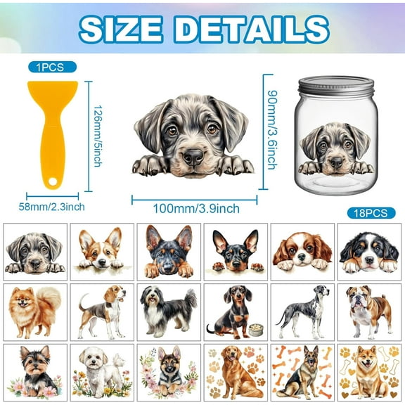 18 Sheets Cute Dog Transfer Stickers 3.9x3.6inch Puppy Colorful Decal Rub on Transfer for Furniture Vase Glass Art Crafts Decorations