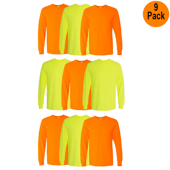 Gildan Men's Heavy Cotton Long Sleeve T-Shirt, 9 Pack, Crew Neck, Safety Green and Orange, S