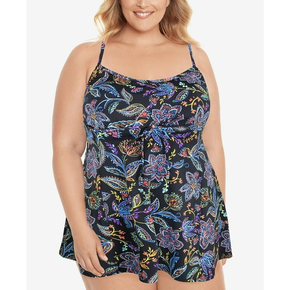 Swim Solutions Plus Size Empire-Waist Tummy-Control Swimdress, Created for Macy's Women's Swimsuit