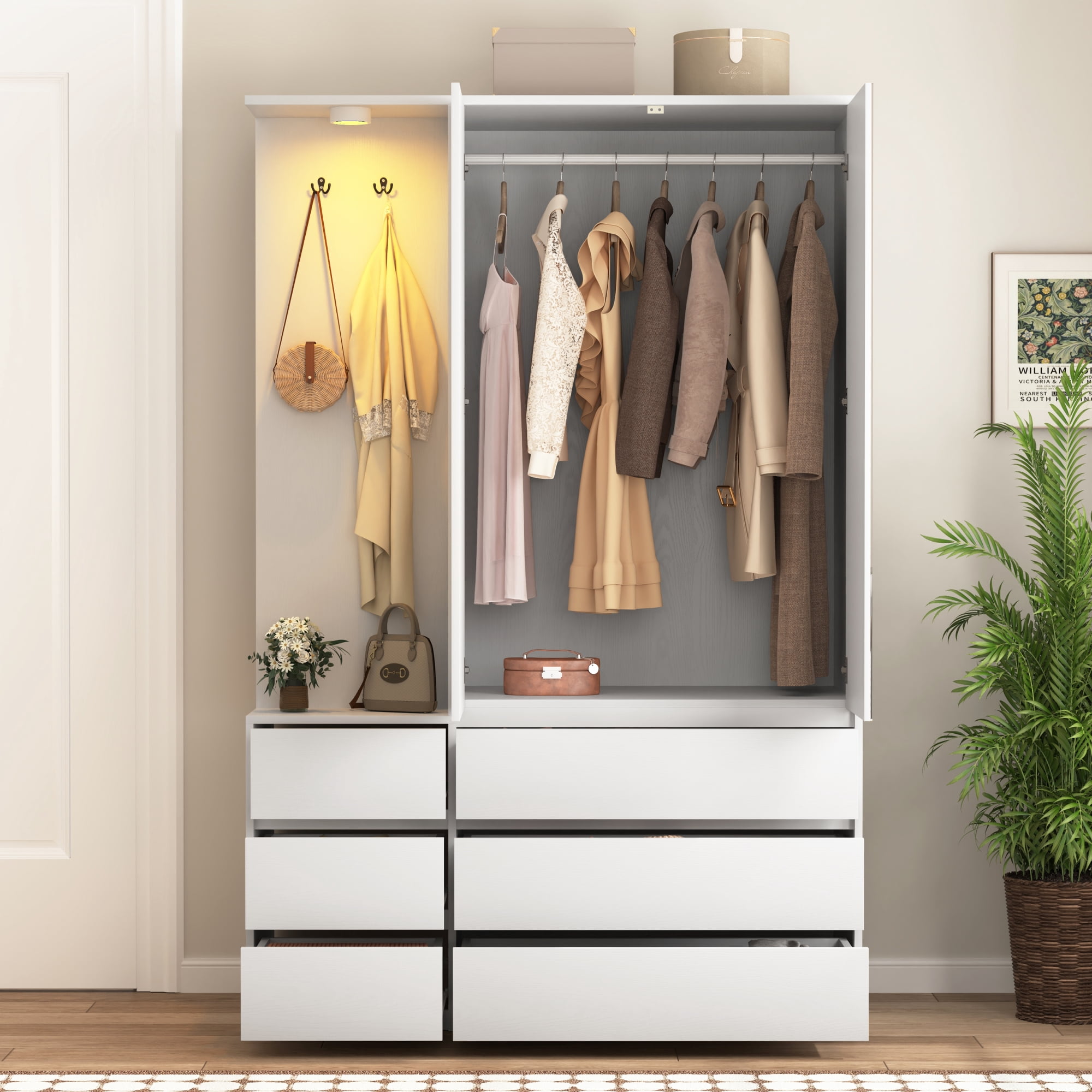 72" Tall Wardrobe Closet,Wooden Wardrobe with 2 Doors & 6 Drawers,Modern Clothing Storage Cabinet with Storage Shelves,Hanging Rail for Bedroom,White