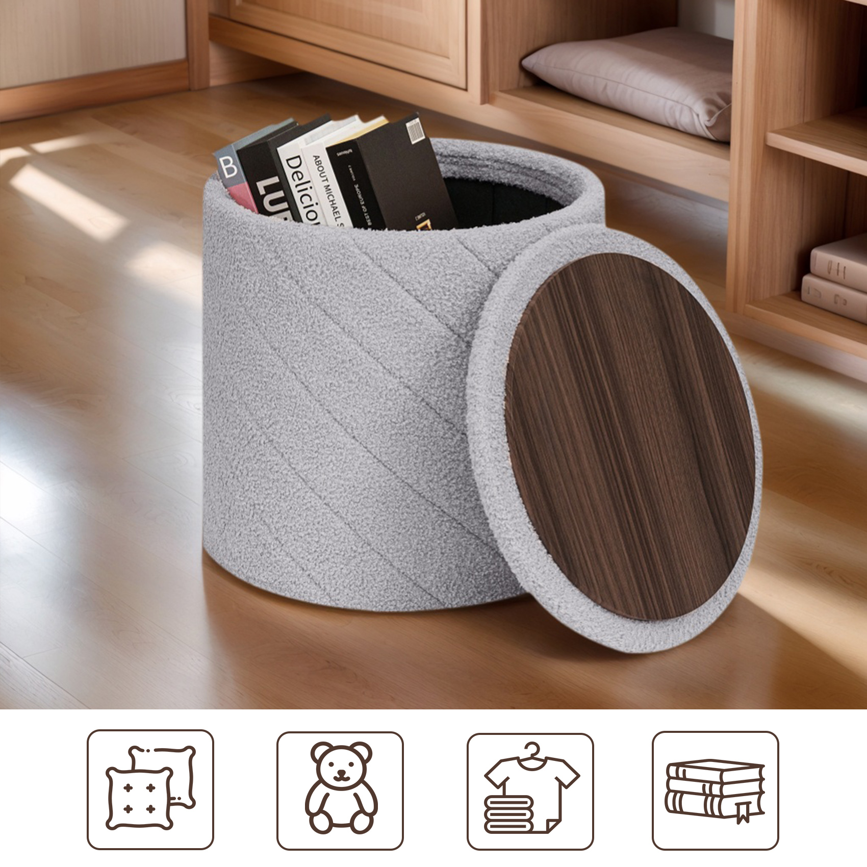 PINPLUS 16.9" Storage Ottoman with Tray Collapsible Foot Rest Stool Seat for Living Room Grey,Sherpa Fabric