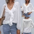 thumbnail image 2 of Idoravan Long Sleeve Shirts for Women Fashion Women Solid Lace Long Sleeve Lace Patchword V-Neck Short Blouse, 2 of 8