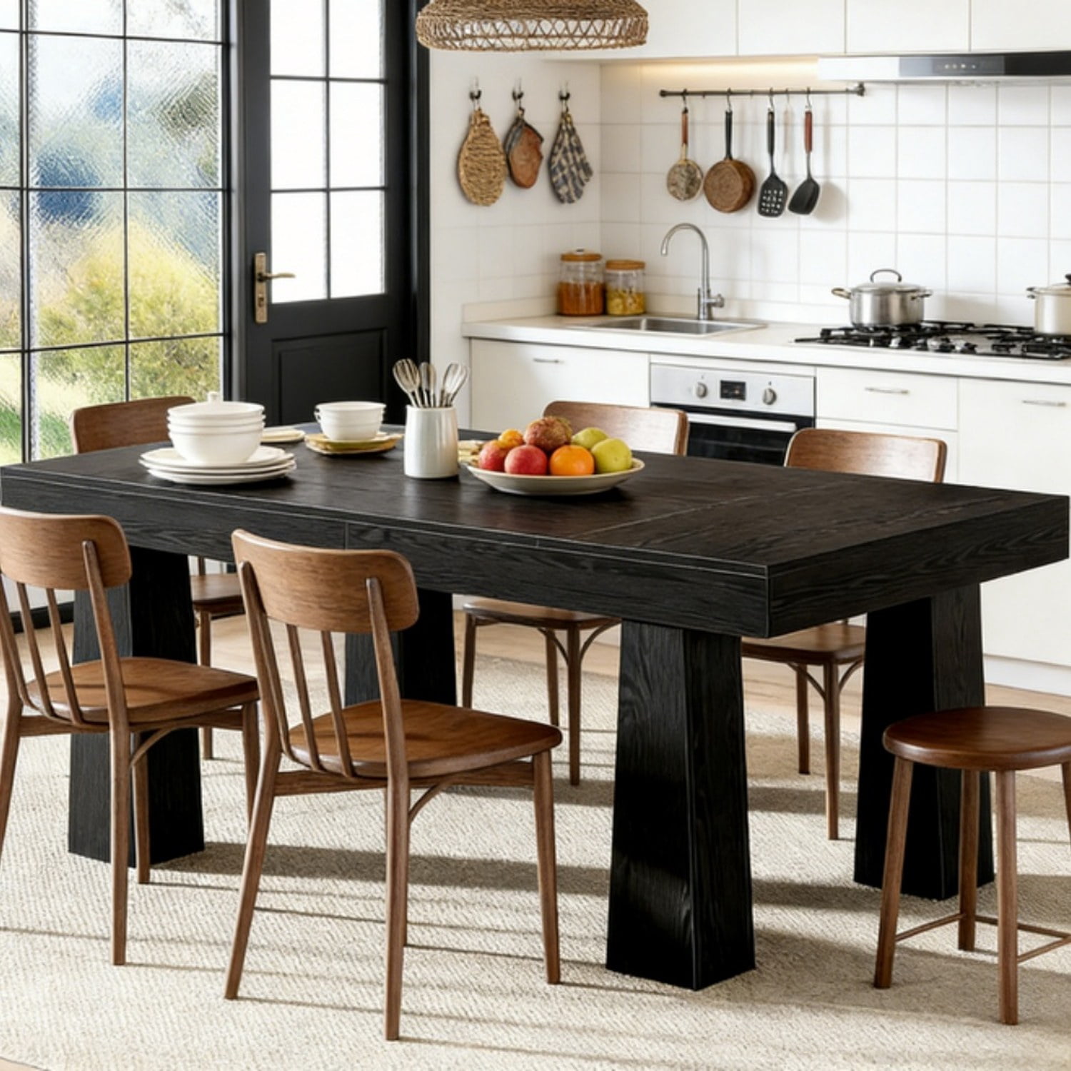 Black Dining Table, 63 in W x 31.5 in D, MDF Top, Seats 4-6, Industrial Style