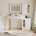 thumbnail image 2 of Ourlova Fluted Makeup Vanity Desk with LED Lighted Mirror Built-In Charging Station White, 2 of 7