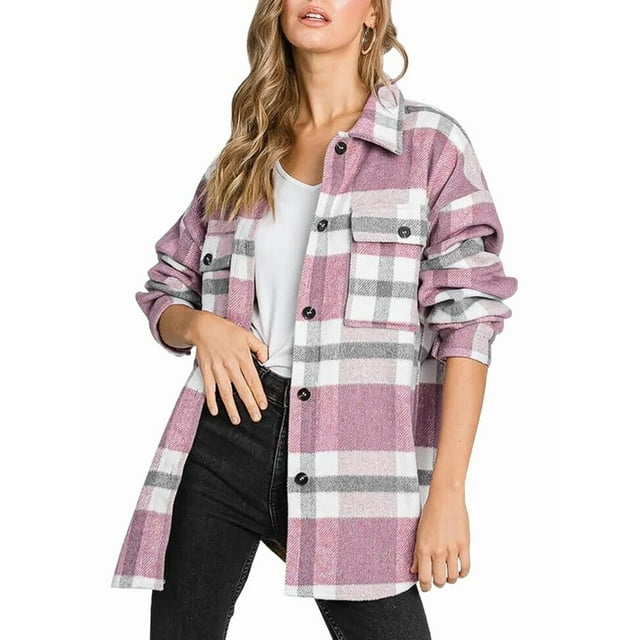 Women'S Flannel Plaid Shacket Fall Outfits Long Sleeve Button Down Shirts Jacket Coats with Side Pockets Pink S