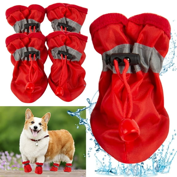Ponpon Waterproof Dog Shoes for Hot Pavement, Puppy Booties with Reflective Straps, Anti-Slip Sole Dog Rain Boots Dog Paw Protector Shoes for Small Medium Cats Dogs, Red
