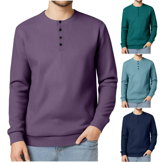 Gspmoly Oversized Tshirts for Men, Men'S Solid Color Button Round Neck Knitted Long Sleeved Shirt Going Out Tops Clearance Sale
