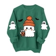 thumbnail image 2 of Women's Cute Ghost Halloween Sweatshirts Knit Beanie Graphic Crewneck Pullover Tops Long Sleeve Fall Shirts with Sleeve Prints Spooky Season Casual Clothing, 2 of 6