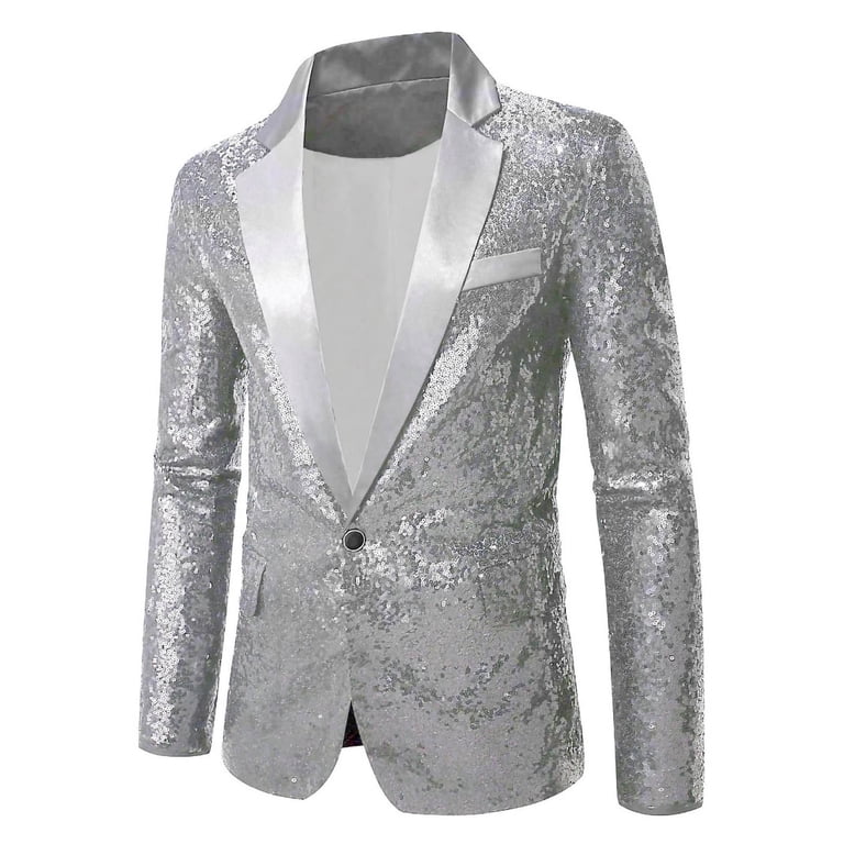 Yydgh Men's Shiny Sequin Blazer Jacket 70s Disco Sparkling Metallic Tuxedo Coat Weddings Prom Nightclubs Dress Suit Jacket Silver XL