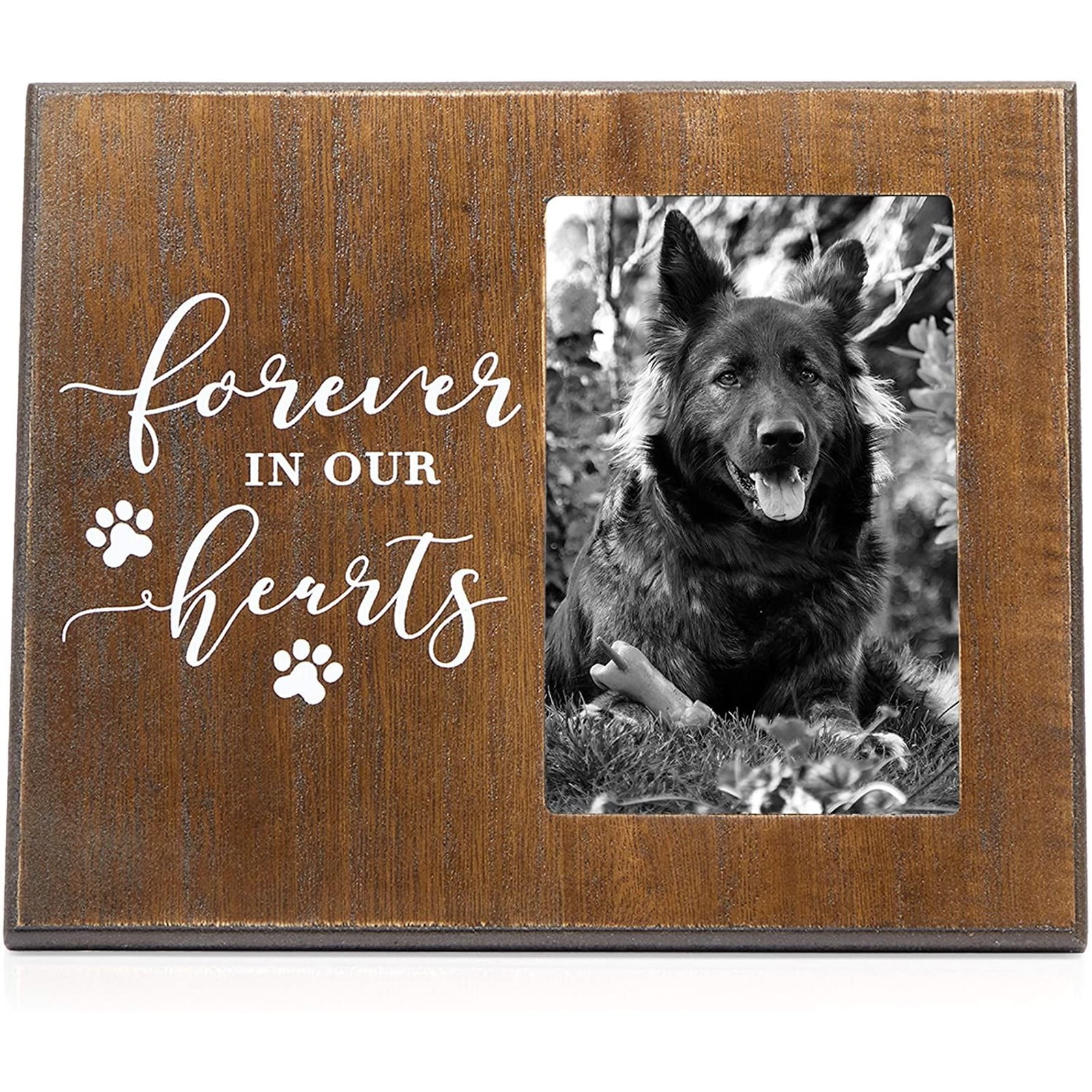 Wooden Dog Memorial Sentimental Picture Photo Frame 4x6 for Tabletop, Forever in Our Hearts, Brown