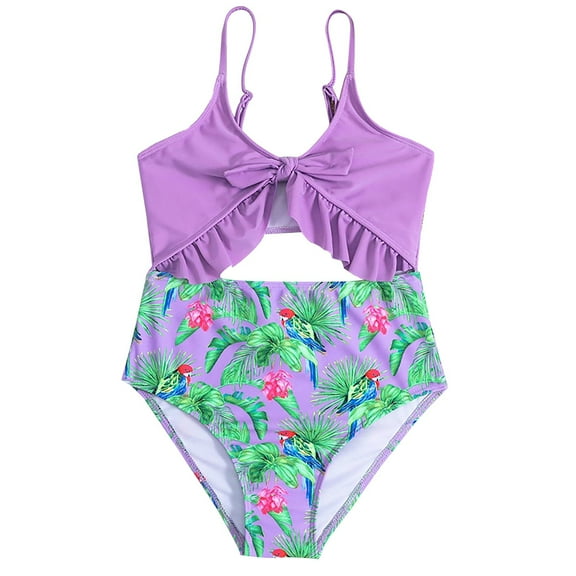 Otqutp Toddler Girls Ruffle Tankini One Piece Floral Print Swimming Knot Front Tween Girls Cute Aesthetic Bikini Matching Swimsuit Beach Swimwear