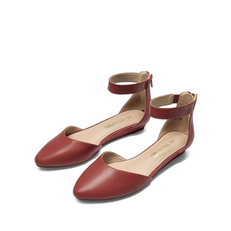 BURUDANI Women Flats Shoes Low Wedge Sandals Ankle Strap Pointed Toe RED/PU Size 8.5