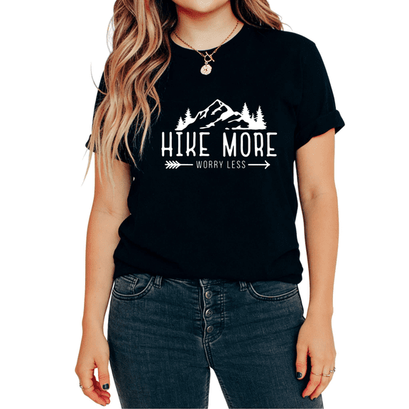 UNISHE Women's Hike More Worry Less Mountain Pine Tree Outdoor Adventure Graphic Tops Short Sleeve T-Shirt